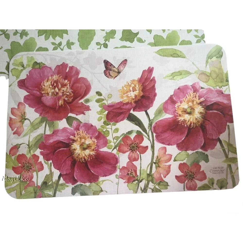CounterArt Pink Floral Garden Placemats Set of 4 Vinyl Double Sided 17x11